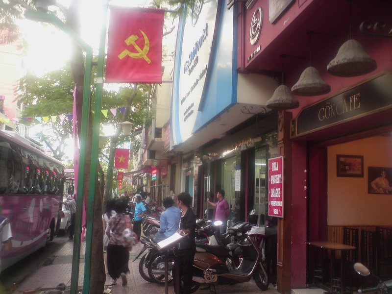 Hammer & sickle flags in Pham Ngu Lao