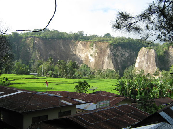 the canyon wall across the rice fields