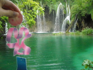 With a waterfall at Plitvice