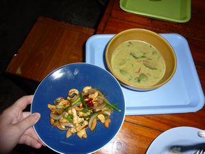 My green thai curry and stir-fried chicken and cashew nuts