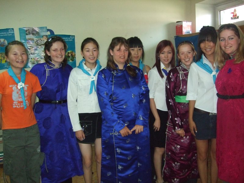In traditional Mongolian dress