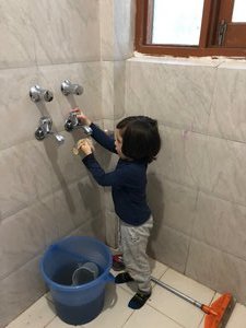Cleaning the bathroom is still one of his favorite activities!