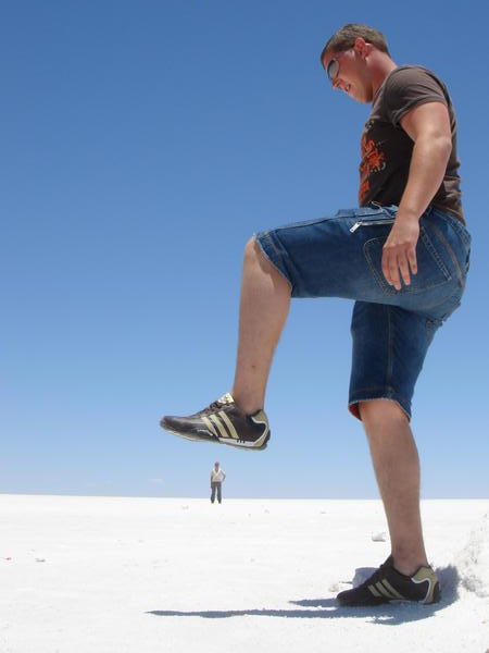 Fun and games in the salt plains.. Dave standing on Ronald 