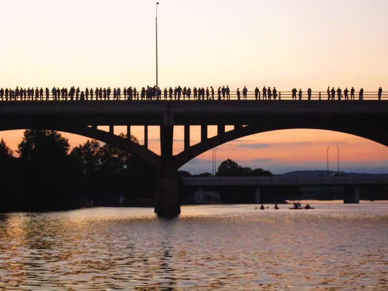 Crowds on the bridge ready for the bats