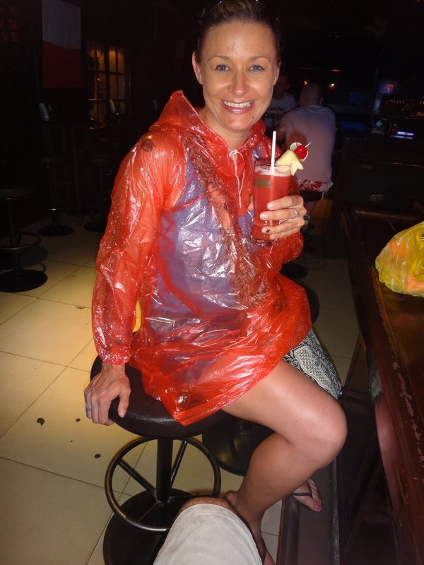 Mai Tai at Gullivers in my raincoat!