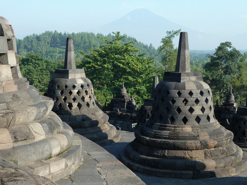 The volcano Merapi in the distance from Borobudur 