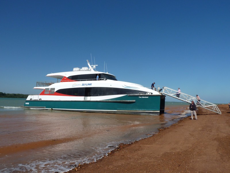 The ferry parked on the beach at the Tiwi islands