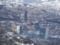 A city view including the Avaz twist tower (Sarajevo; Bosnia and Herzegovina)