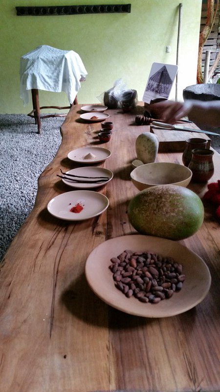 Ingredienten voor de cacaodrank: cacao, peper, vanille en mais