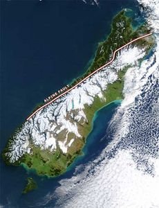 The Southern Alps, with a strip of green along the west coast