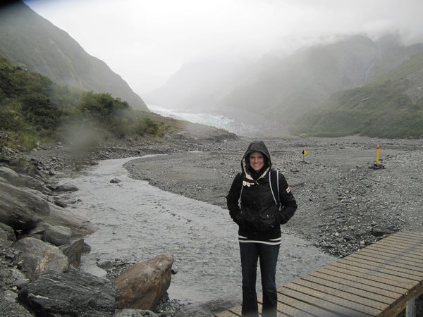 Renee on our wet walk to Fox Glacier
