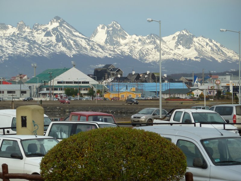 The town with mountains behind