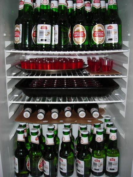 The beer fridge with vodka shots as agreed