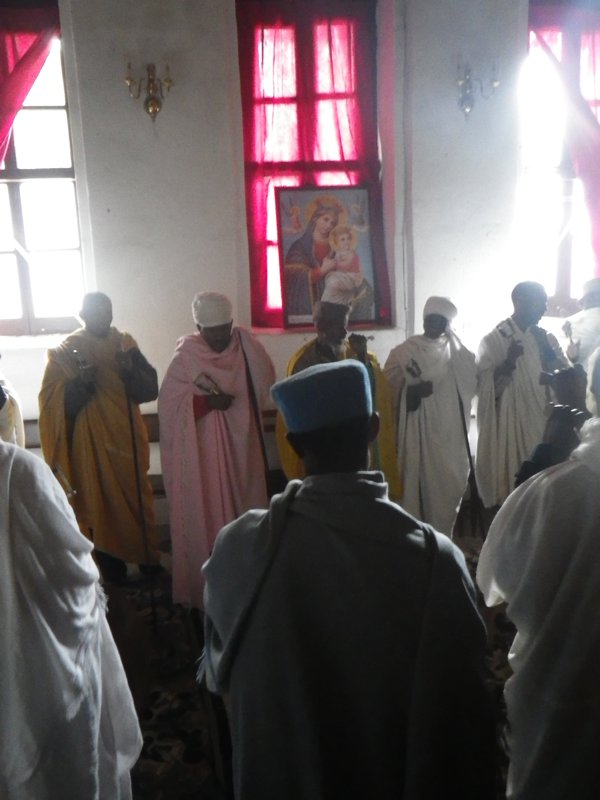 Priests singing at St. Mary's Church, Entoto