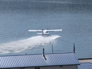 AK1 May31 Float plane taking off from cruise ship dock with tourists