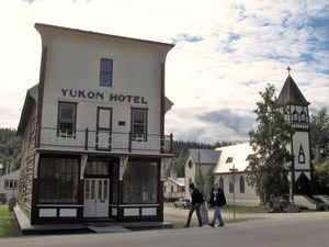 121 July16 Yukon Hotel and St. Paul's Anglican Church, Dawson City, Yukon