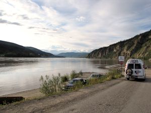 122 July18 Waiting for the ferry to cross the Yukon River, Dawson City