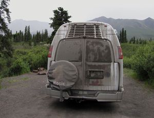 125 July18 Rosie resting at Tombstone Mountain CG after two days on Dempster Highway, Yukon