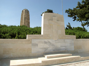1305-45 The Chunuk Bair Memorial at Conkbayırı for 850 New Zealanders without graves and the New Zealand National Memorial in the background