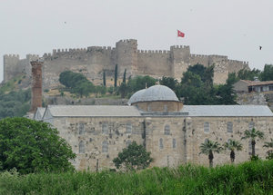 1305-118  Ayasuluk Castle first built in the 6th century and the İsa Bey Mosque built in 1375 in foreground