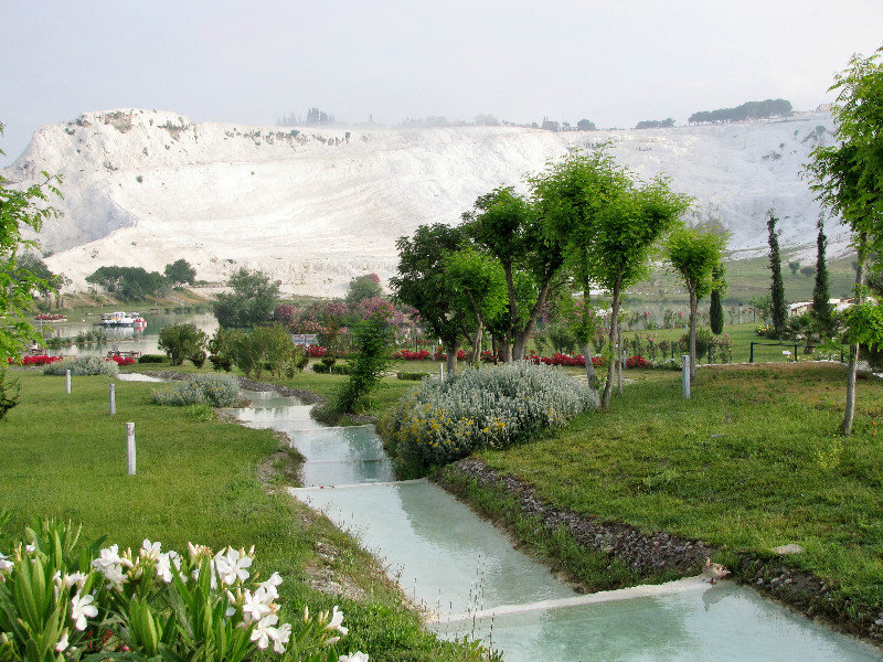 1305-166 Pamukkale City Park with fog coming off the calcite