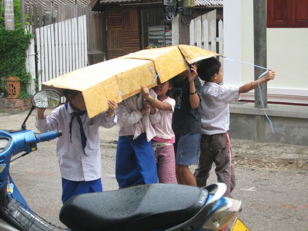 School kids staying dry
