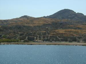 The Theatre Quarter of Delos viewed from the boat.