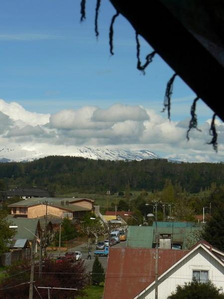 First view of Volcán Villarrica, from the window of our hostel bedroom