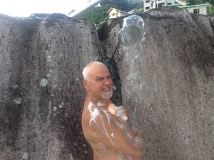 Steve takes a bracing outdoor cold shower!