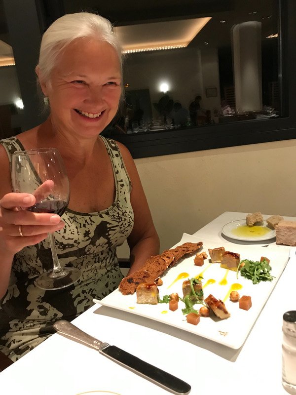 Cathy enjoys a foie gras starter
