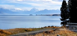 View of Mt Cook and the Alps from the bottom of Lake Pukaki