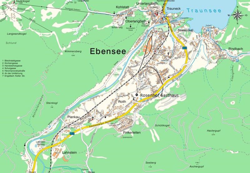 Ebensee town map showing Rosenhof Gasthaus