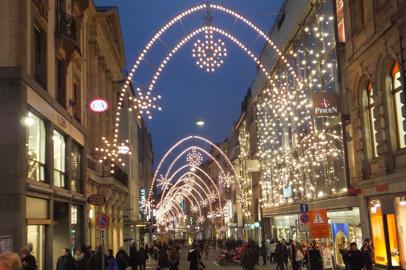 The lights of the main shopping street in Basel