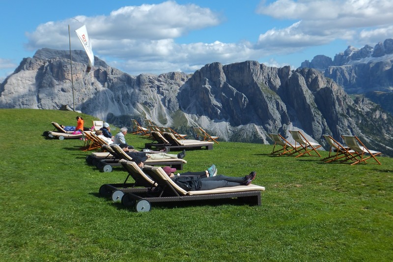 Relaxing on loungers near Seceda cable station