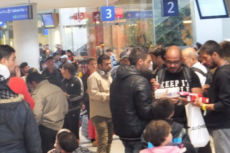 A portion of the refugee crowd detained in the Salzburg station awaiting processing