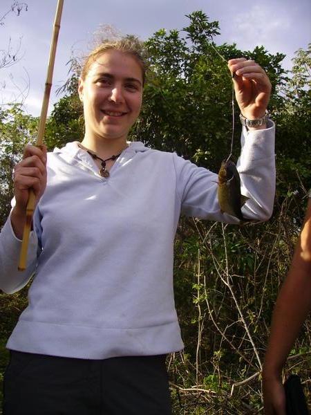 Gill and her first piranha