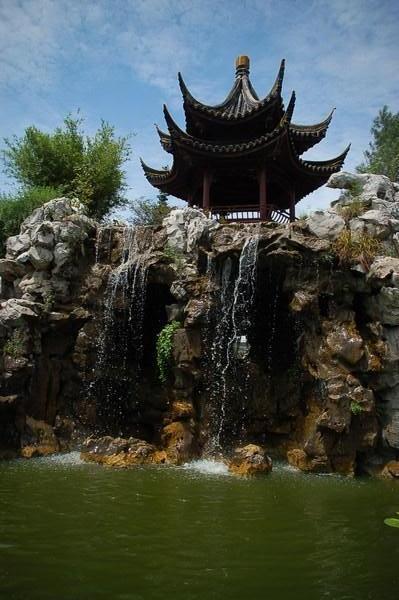 Waterfall and pagoda