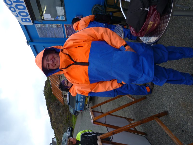 Getting suited up for our Puffin hunting trip