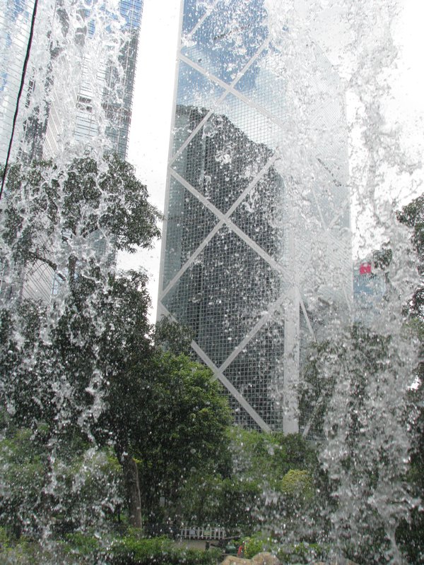 Buildings through the waterfall