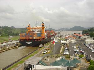 A ship passing through Miraflores lock