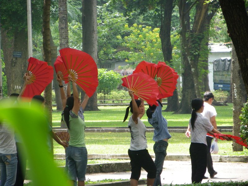 These girls were practicing for a Vietnamese celebration dance.