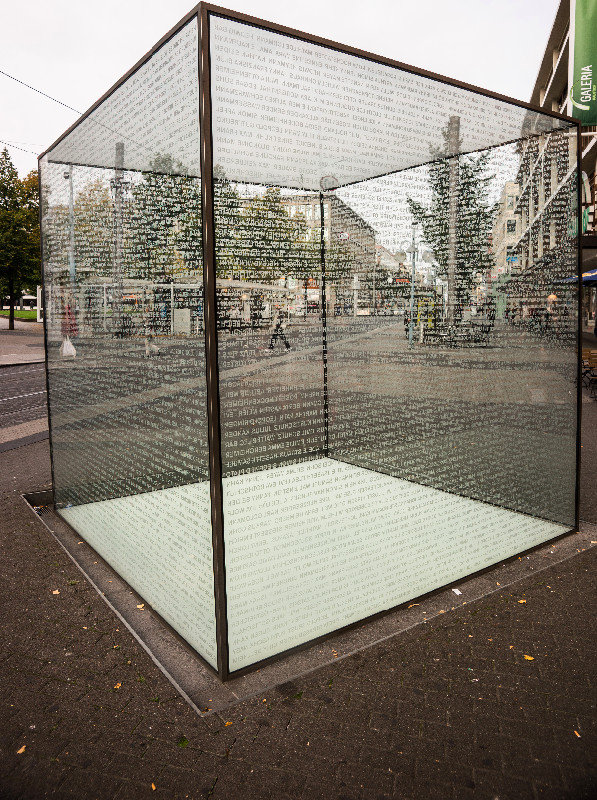 This glass cube is a modern holocast memorial, Manneheim