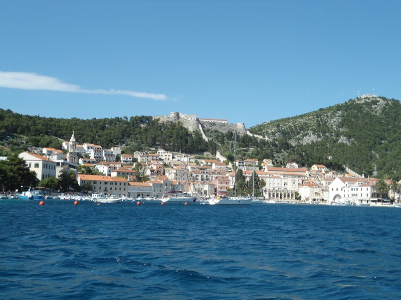 Approaching Hvar Harbour with the Castle behind