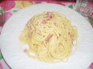 spaghetti, eggs, and bacon