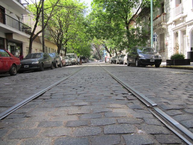 A cobbled street with the old tramlines in Buenos Aires