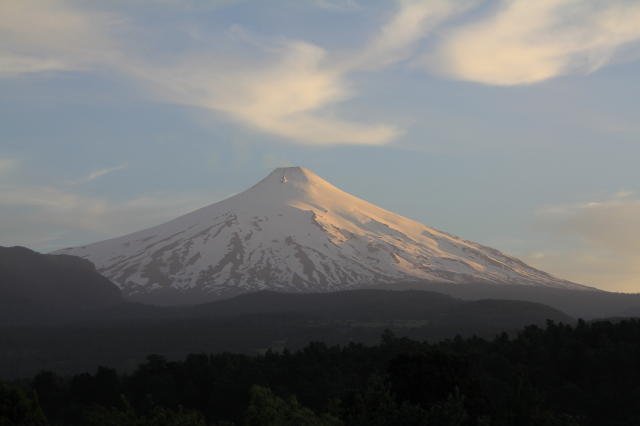 The view from our hotel of Villarrica Volcano at Sunset 