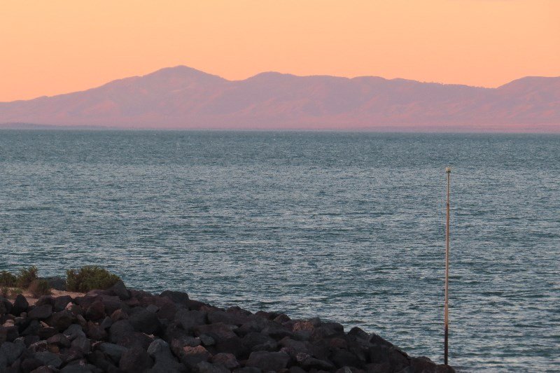 Sunset colours Flinders Ranges accross the Spencer Gulf.