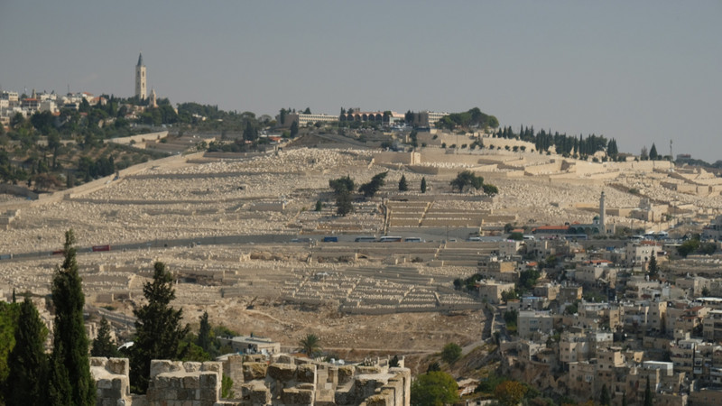 Looking towards the Mount of Olives from wall ramparts 