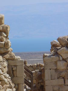 ruins of Qumran with the Dead Sea in the background