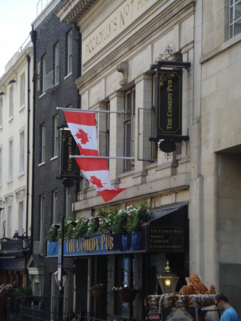 Funny how the canadian flags are hanging outside the Comedy Pub.